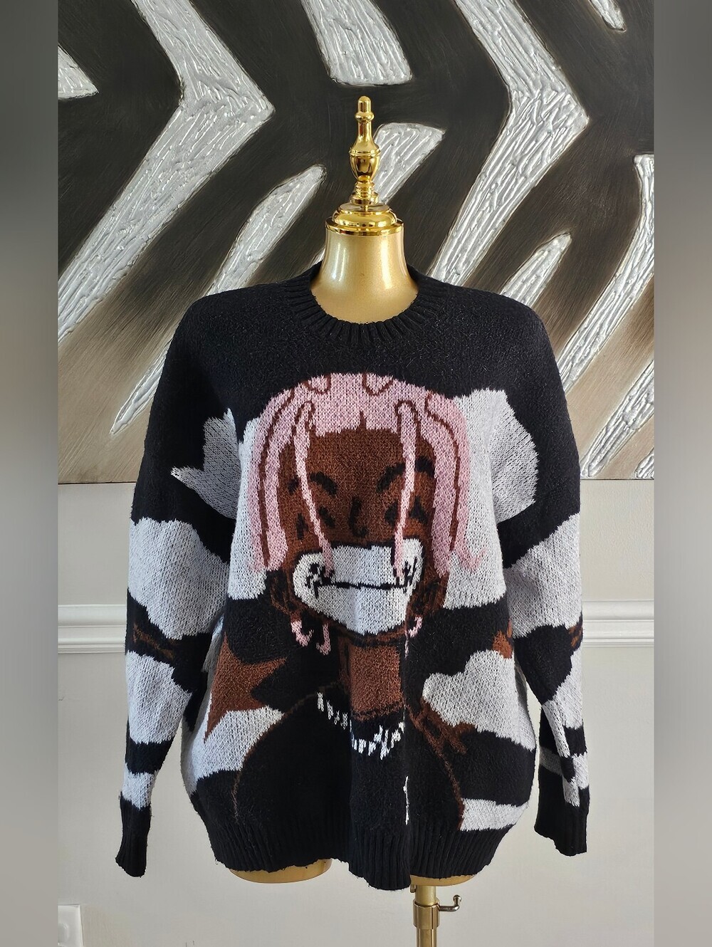 Novelty Cow Print Girl Graphic Sweater Women's Large Black White Crew Neck Knit